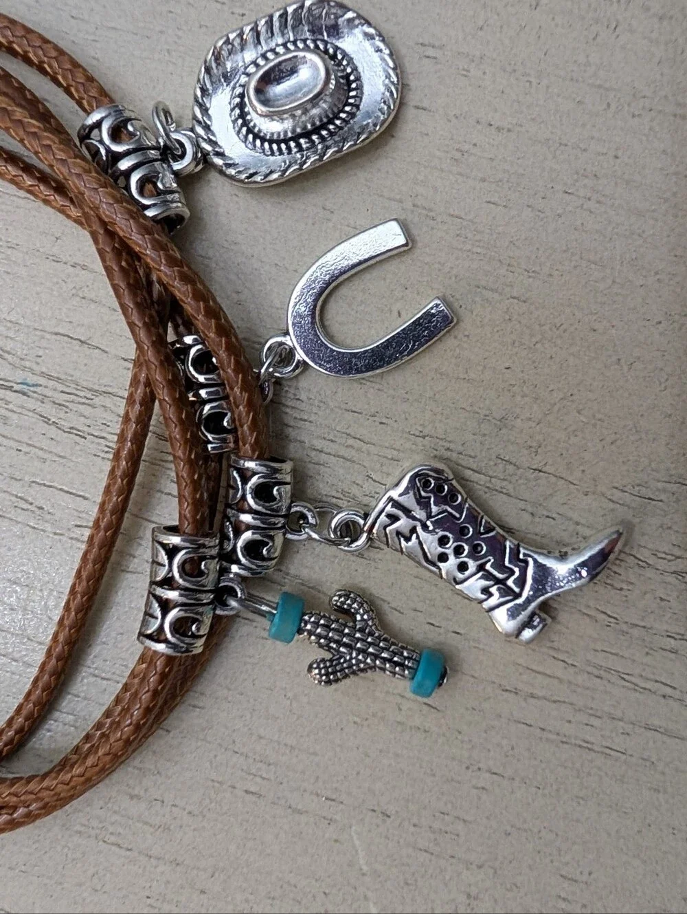 Boho Brown Leather Wrap Bracelet with Silver Country  Charms